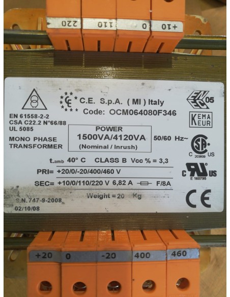 ocm064080f346 single-phase isolation transformer 1500va primary 0-400-460v secondary 0-110-220v